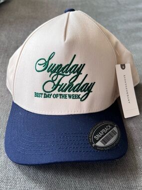 NWT Anthropologie Kenz Kustomz Sunday Funday Trucker Hat SnapBack Cream Navy